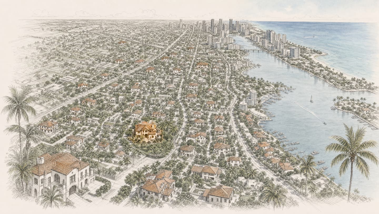 Illustrated bird's-eye-view of the Istueta service footprint across Miami-Dade and Broward, with the residential coast in the foreground, downtown Miami in the distance, and Biscayne Bay on the right.