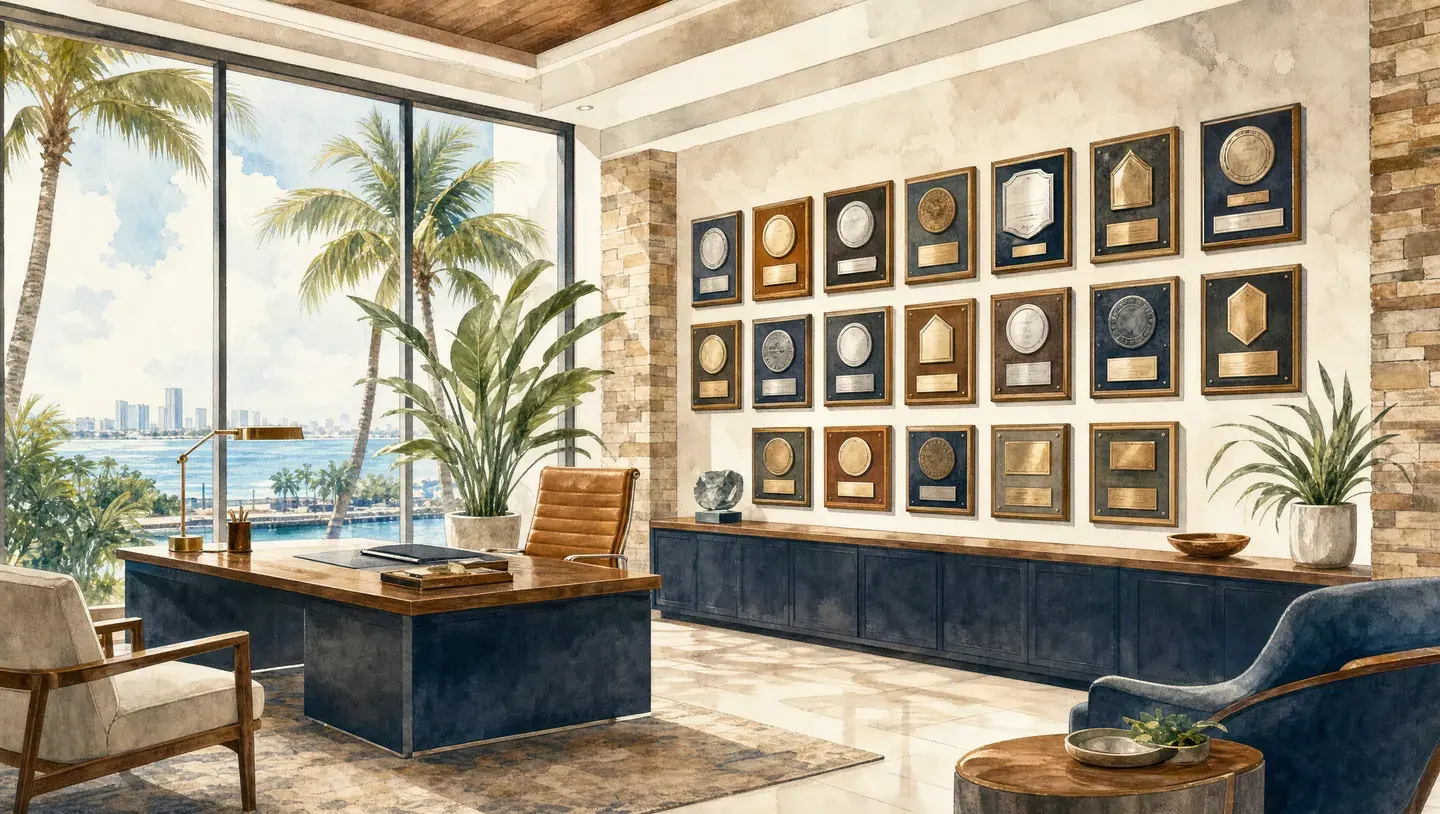 Manufacturer certification plaques displayed in the Istueta Roofing office