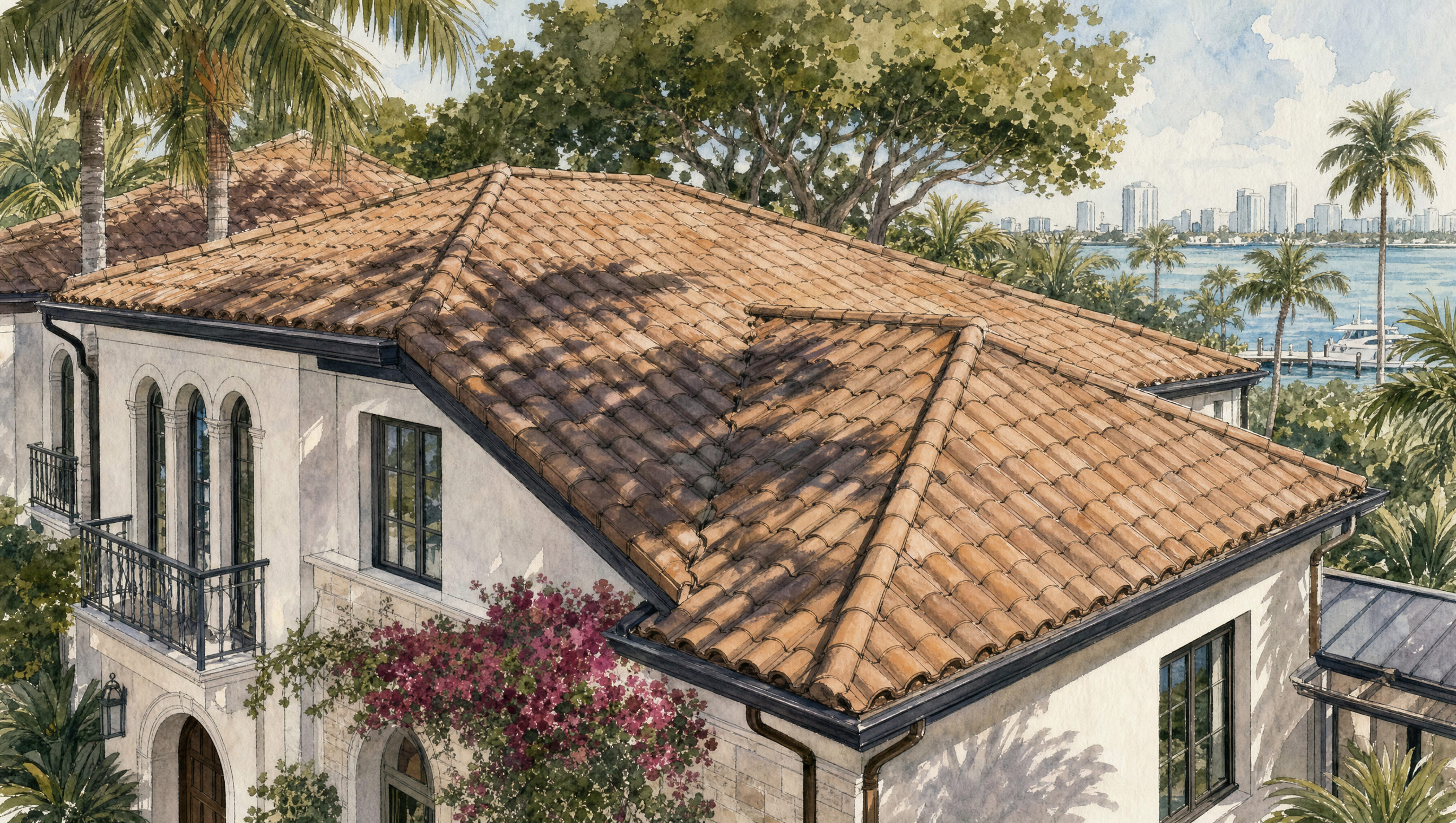 Homeowner checking a roof repair kit on a South Florida home roof after a storm