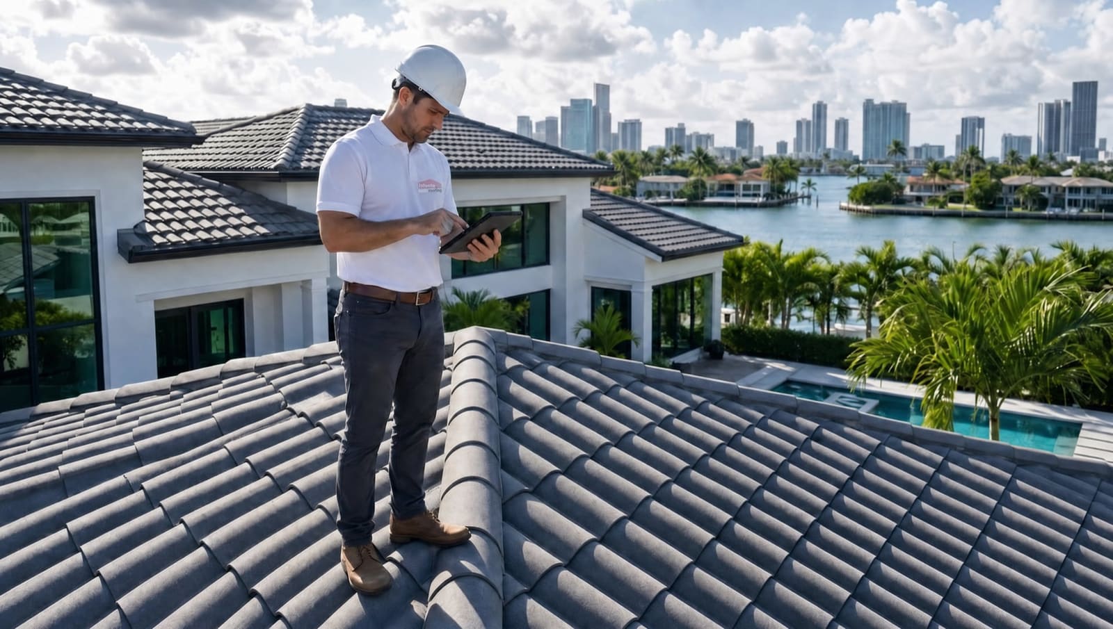 Luxury South Florida residence with completed roof inspection, three-quarter elevation view showing subtropical landscaping and coastal architectural character