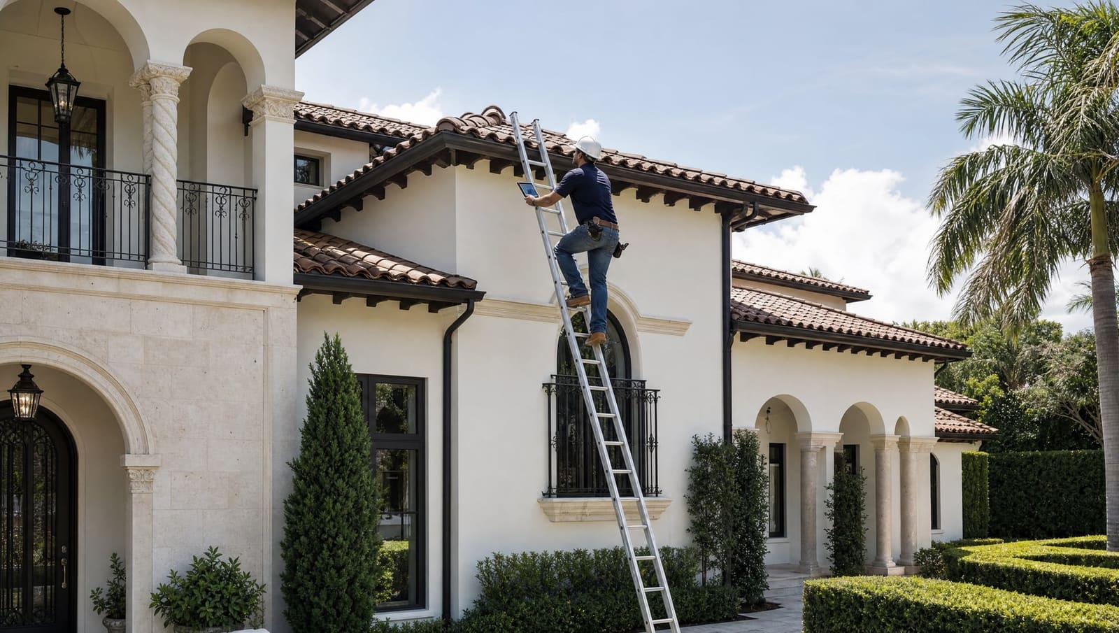 Luxury South Florida home with maintained roof, mature palm landscaping, warm daylight, Coral Gables architectural style