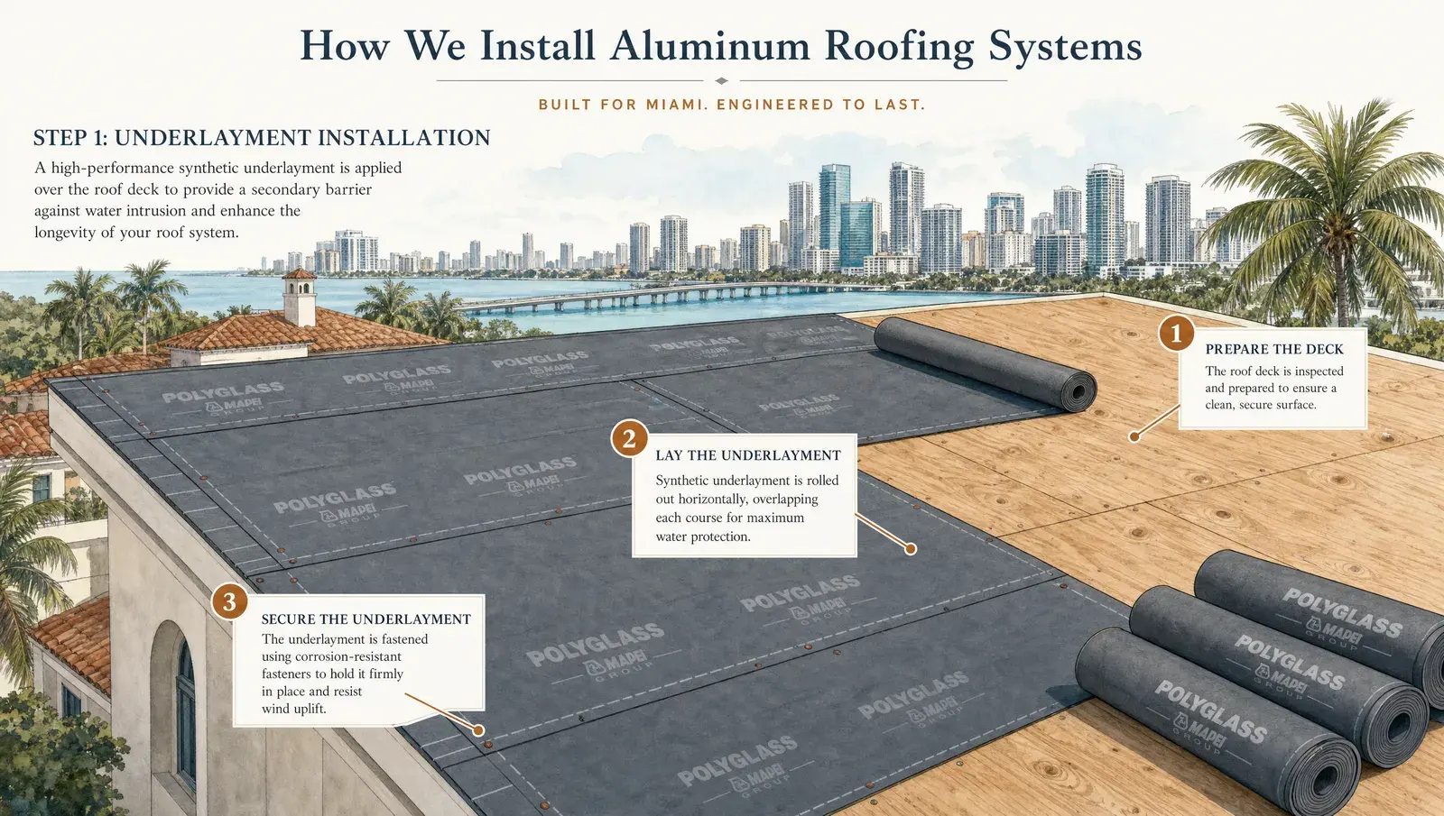 Aluminum roofing installation in progress on a South Miami home, showing proper underlayment and panel attachment methods.