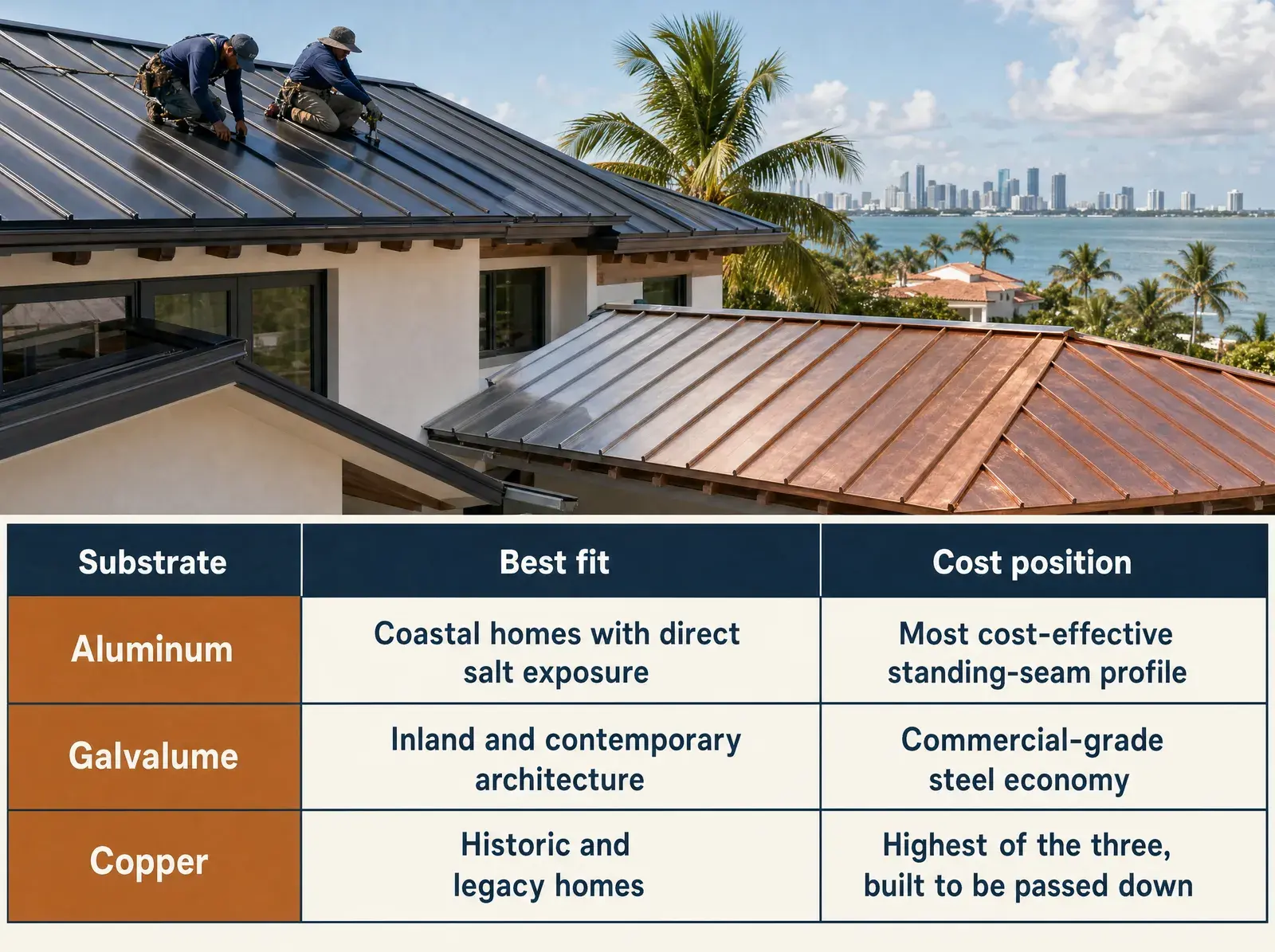Comparison chart of aluminum, Galvalume, and copper roofing by best fit and cost position