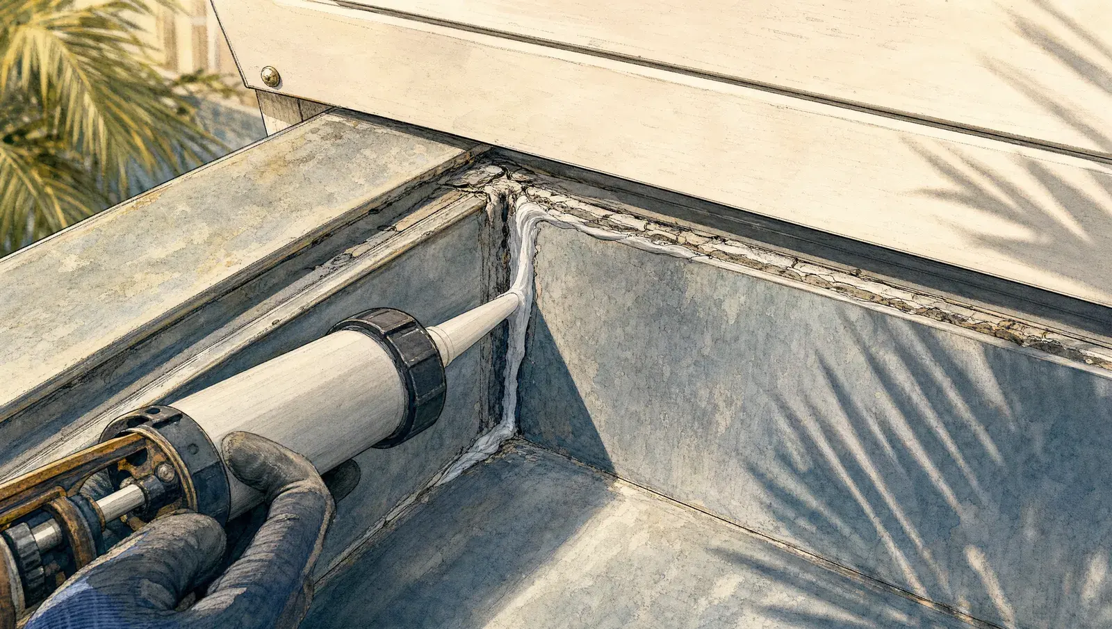 Worker applying UV-rated sealant to an aluminum gutter corner joint with a caulking gun during repair.