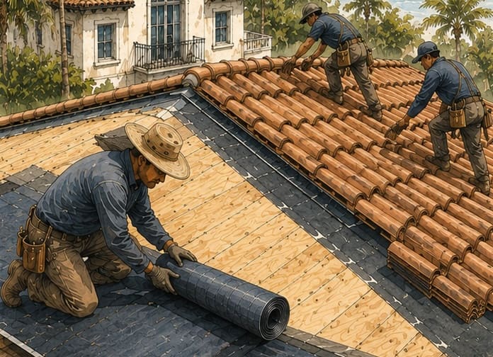 Istueta Roofing crew performing tear-off, deck inspection, and dry-in during a roof replacement in Miami