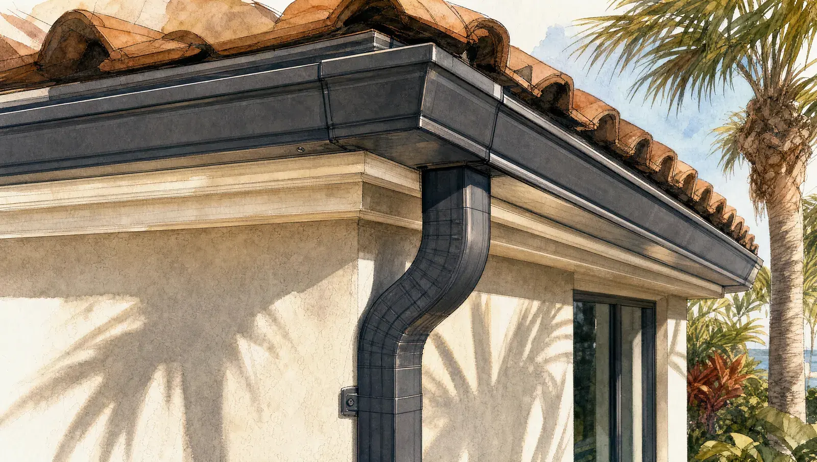 Completed gutter system on South Florida home showing clean lines and properly routed downspouts in late-afternoon light