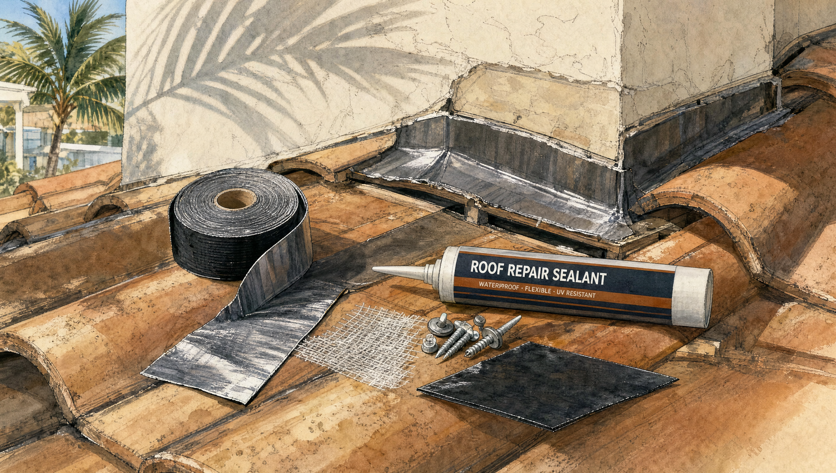 Illustrative flat-lay of basic roof repair kit items including cement, nails, shingles, and tools