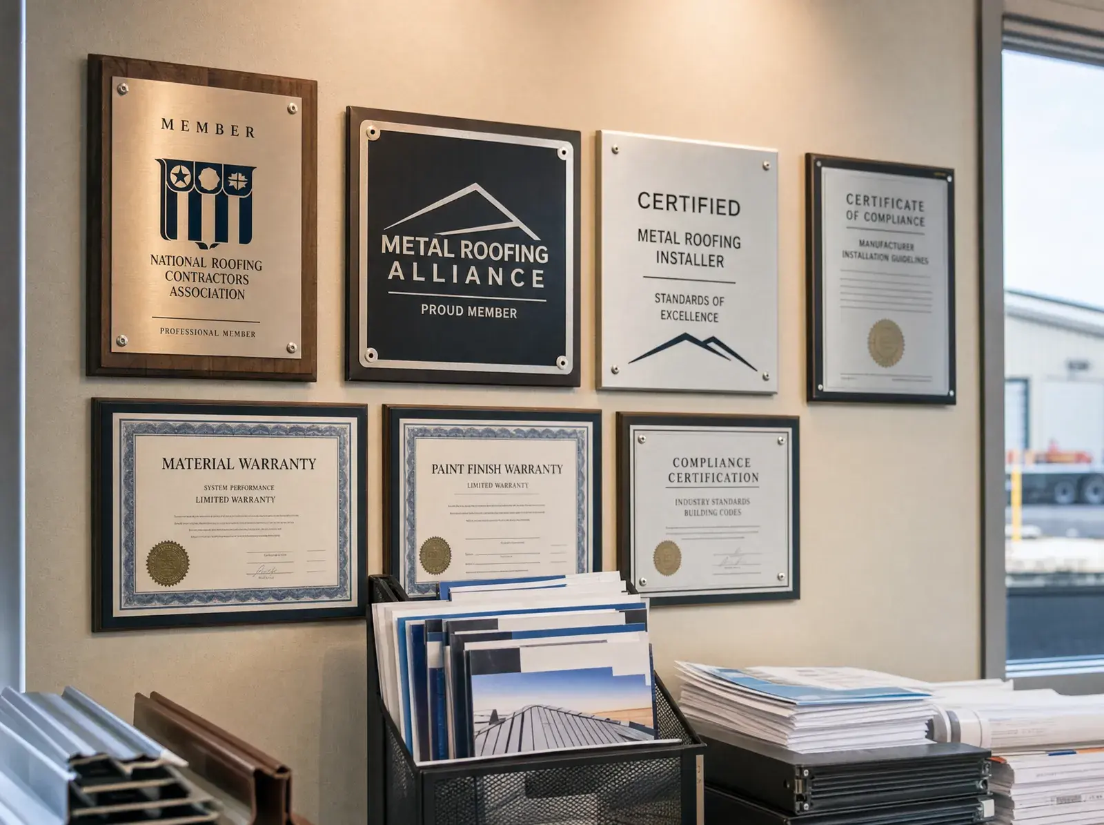 Metal roofing manufacturer certifications and warranty documentation displayed, showing industry credentials.