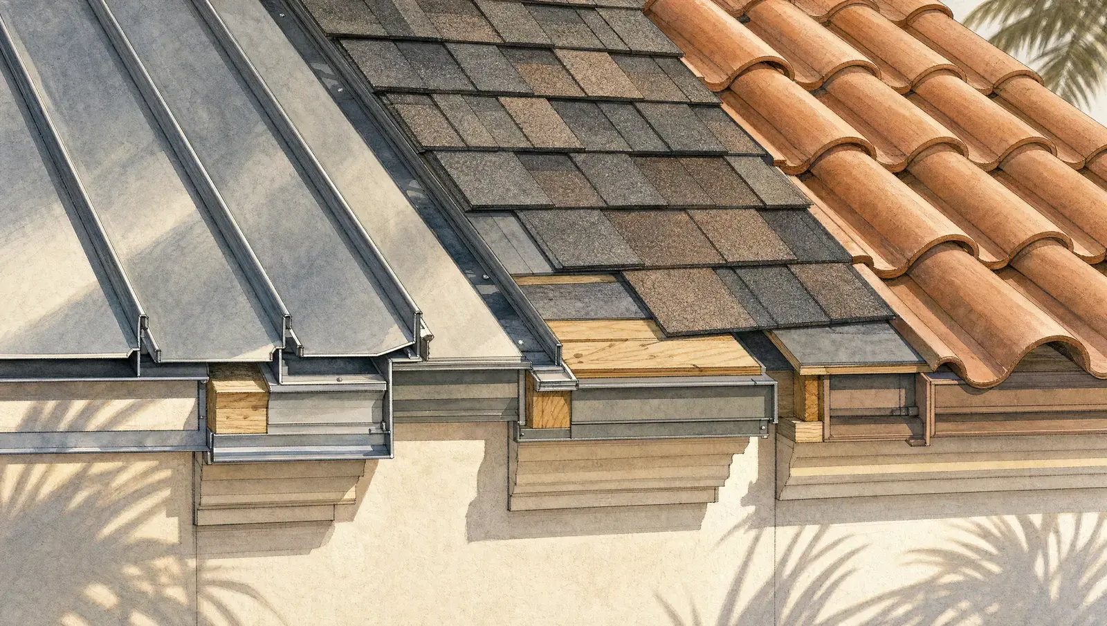Illustrated comparison of standing seam metal roof, architectural shingles, and tile roofing profiles
