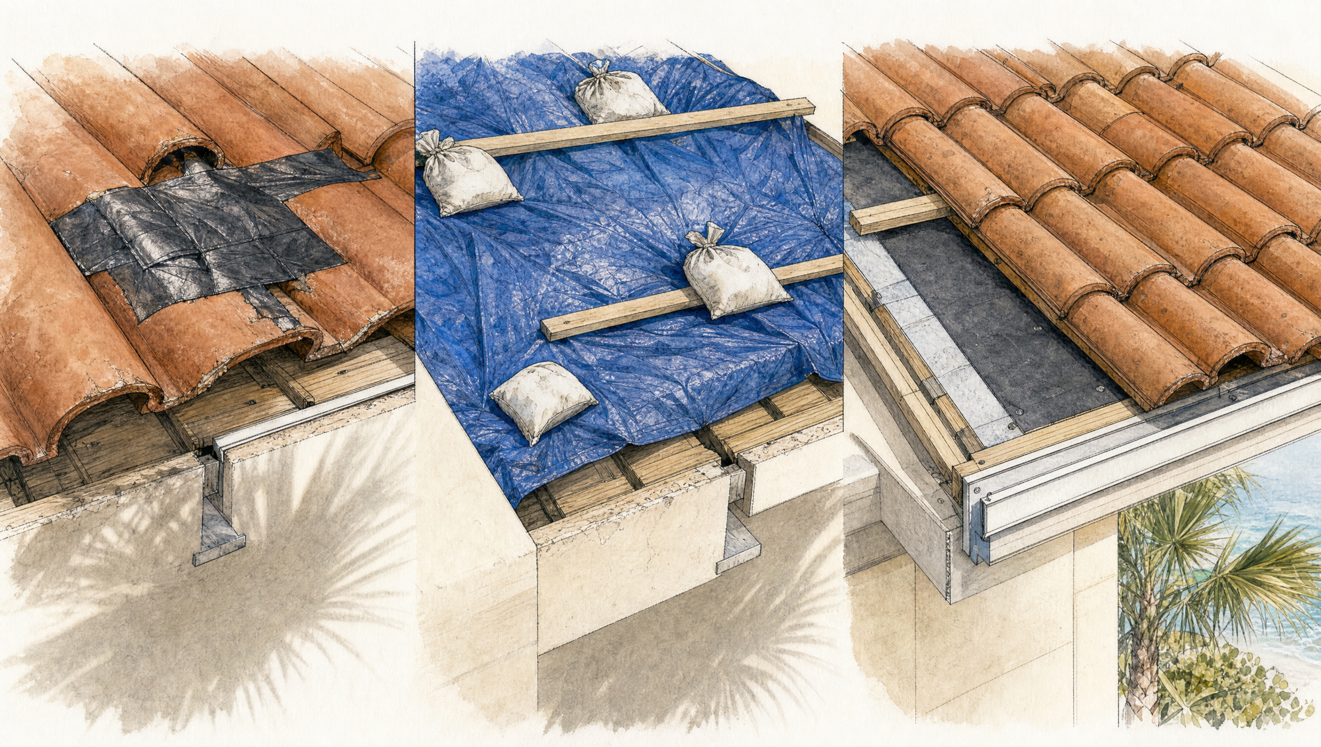 Table comparing roof repair kit, full tarp-down, and professional roof repair options and limits