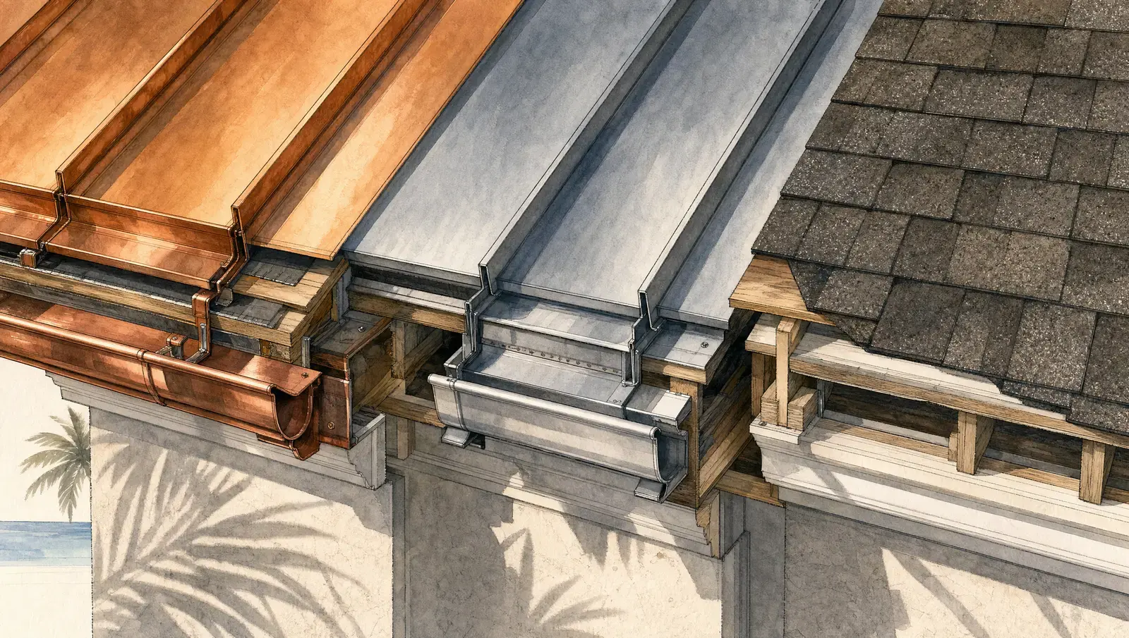 Illustration comparing copper, metal panel, and asphalt shingle roofing surfaces exposed to salt air