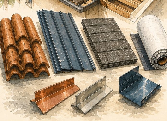 Tile, metal, asphalt shingle, and flat-roof material samples used by Istueta Roofing for South Florida replacements