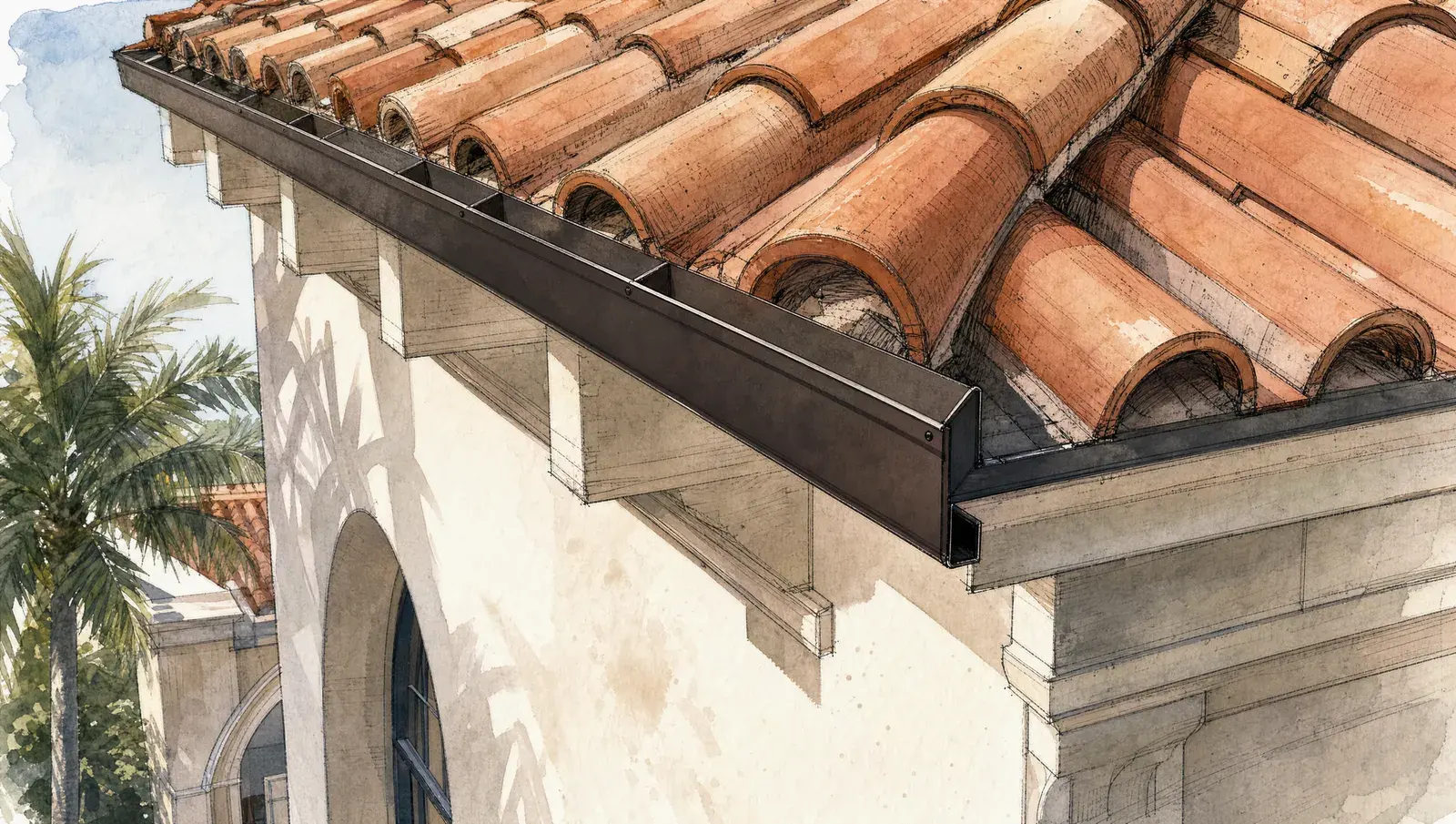 Freshly completed barrel-tile roof corner on new-construction Mediterranean home, showing crisp new drip-edge metal on fresh stucco eave