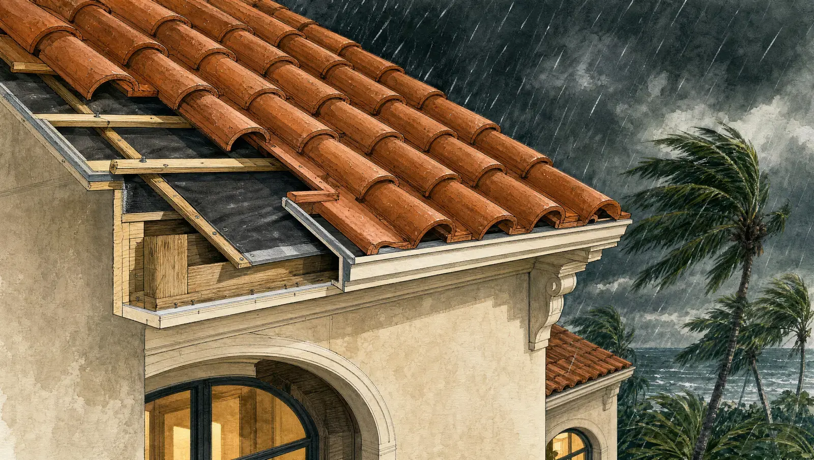 Editorial illustration of a Mediterranean-revival South Florida home with a tile roof riding out a tropical storm undamaged