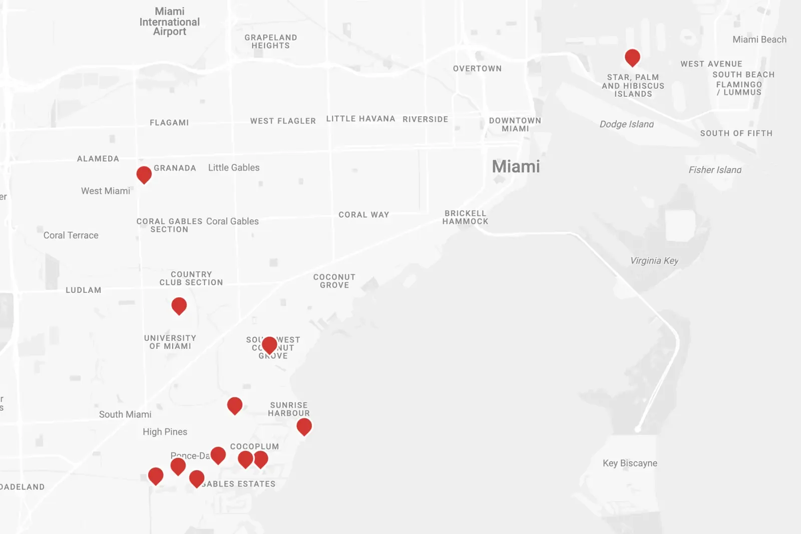 Map of recent Istueta Ludowici projects across Miami and nearby communities