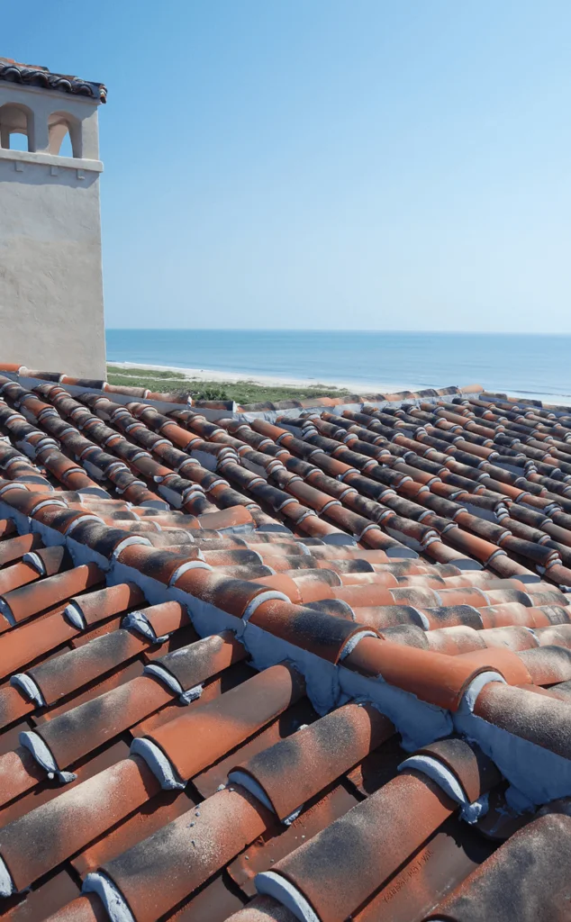 Weathered Ludowici barrel tile roof overlooking the ocean