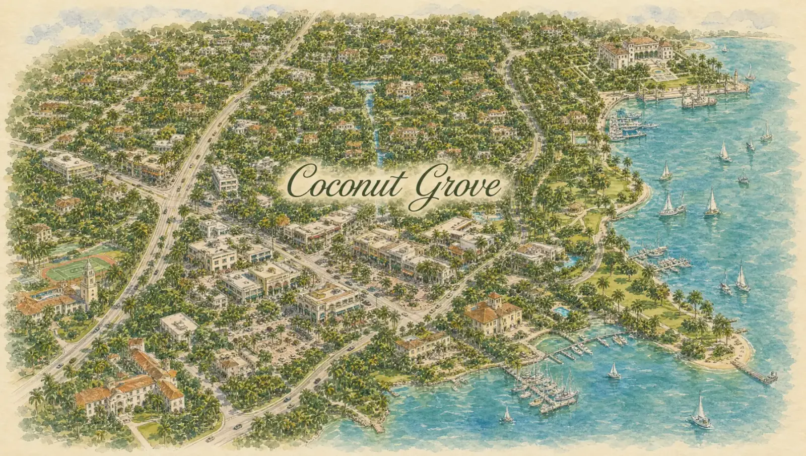 Hand-drawn watercolor map of Coconut Grove showing streets, landmarks, and Istueta service area in Miami, FL