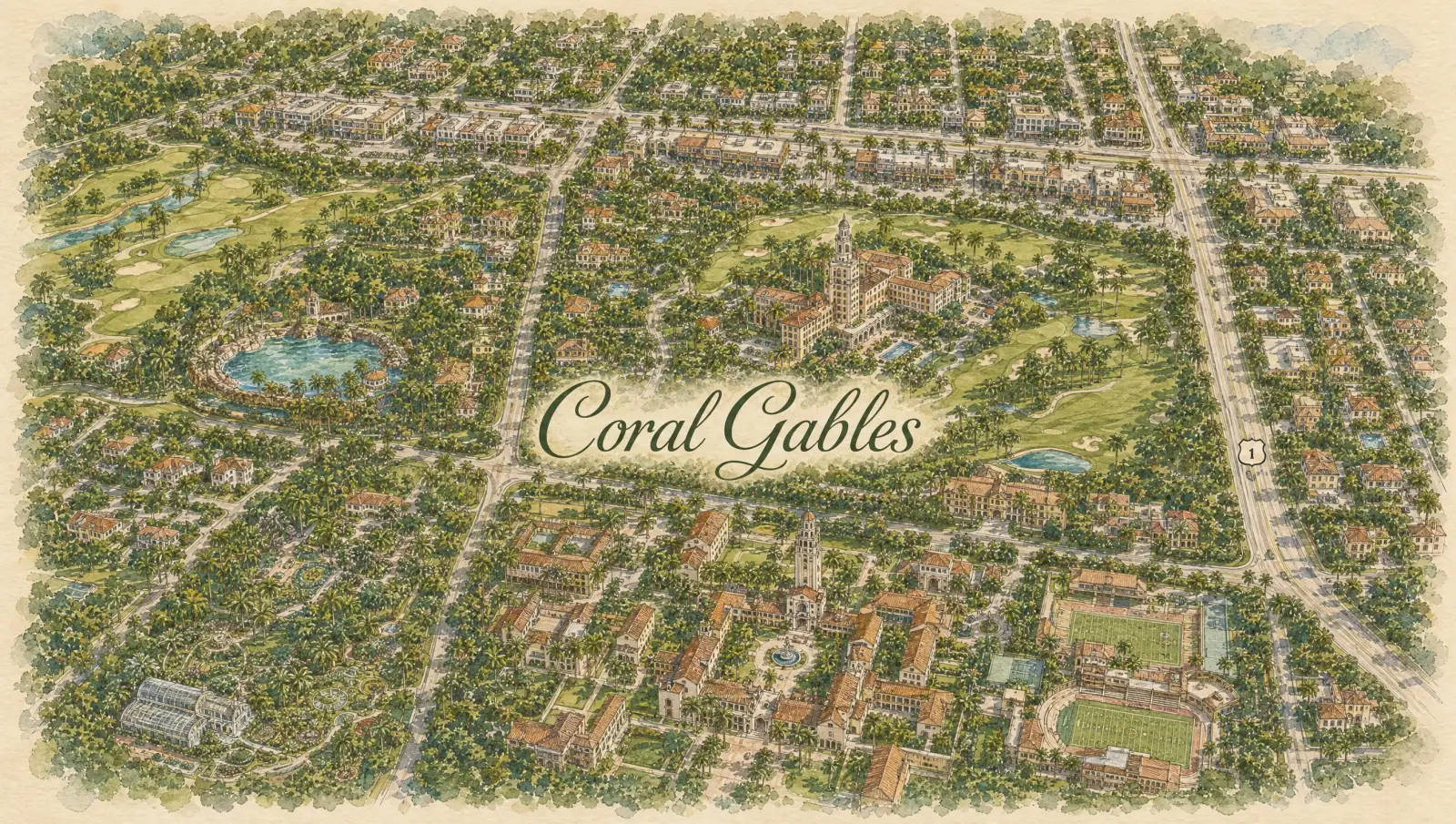 Hand-drawn watercolor map of Coral Gables showing streets, landmarks, and Istueta service area in Miami, FL