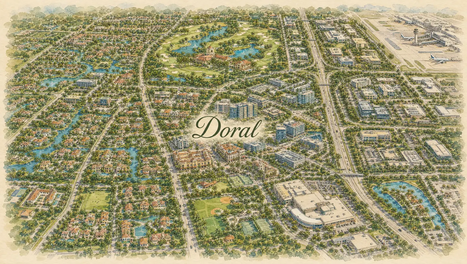Hand-drawn watercolor map of Doral showing streets, landmarks, and Istueta service area in Miami, FL
