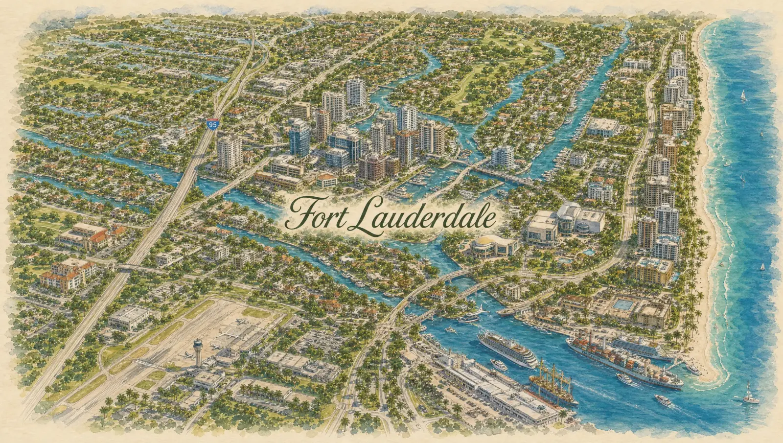 Hand-drawn watercolor map of Fort Lauderdale showing streets, landmarks, and Istueta service area in Miami, FL
