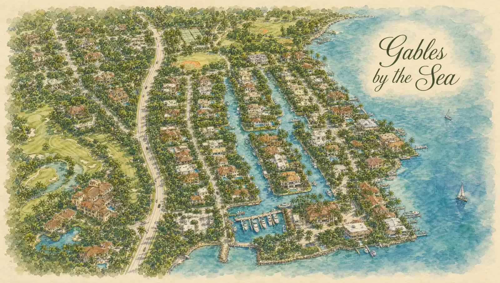 Hand-drawn watercolor map of Gables By The Sea showing streets, landmarks, and Istueta service area in Miami, FL