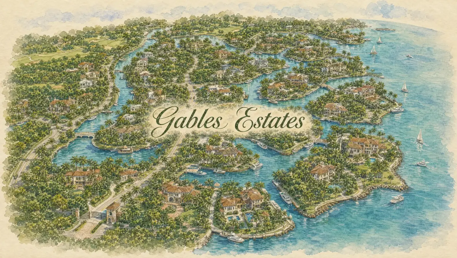 Hand-drawn watercolor map of Gables Estates showing streets, landmarks, and Istueta service area in Miami, FL