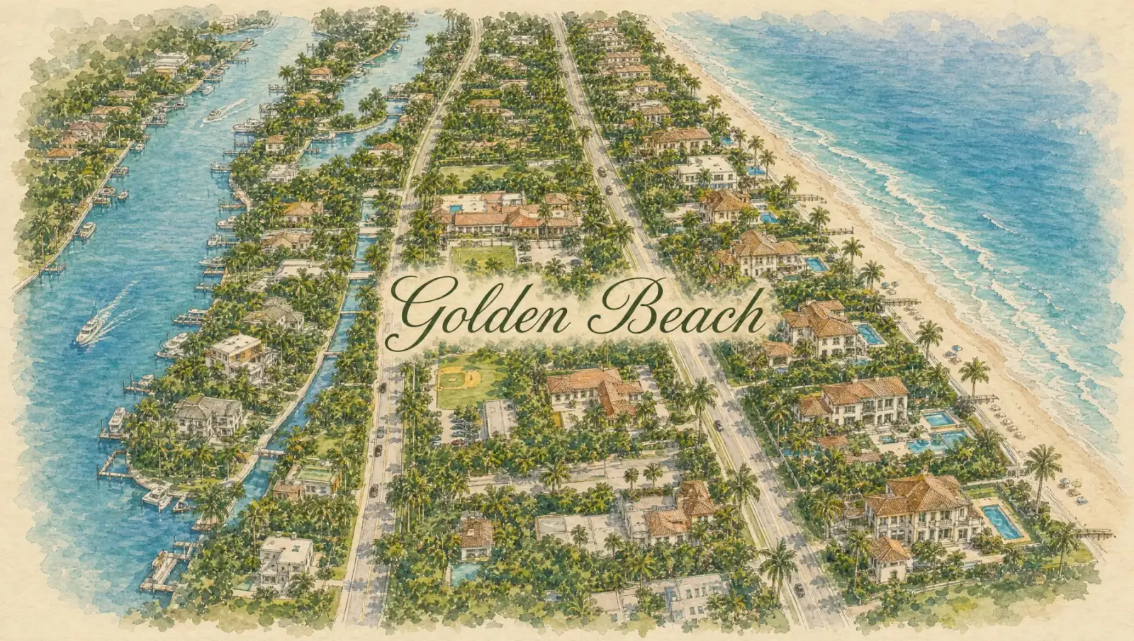 Hand-drawn watercolor map of Golden Beach showing streets, landmarks, and Istueta service area in Miami, FL