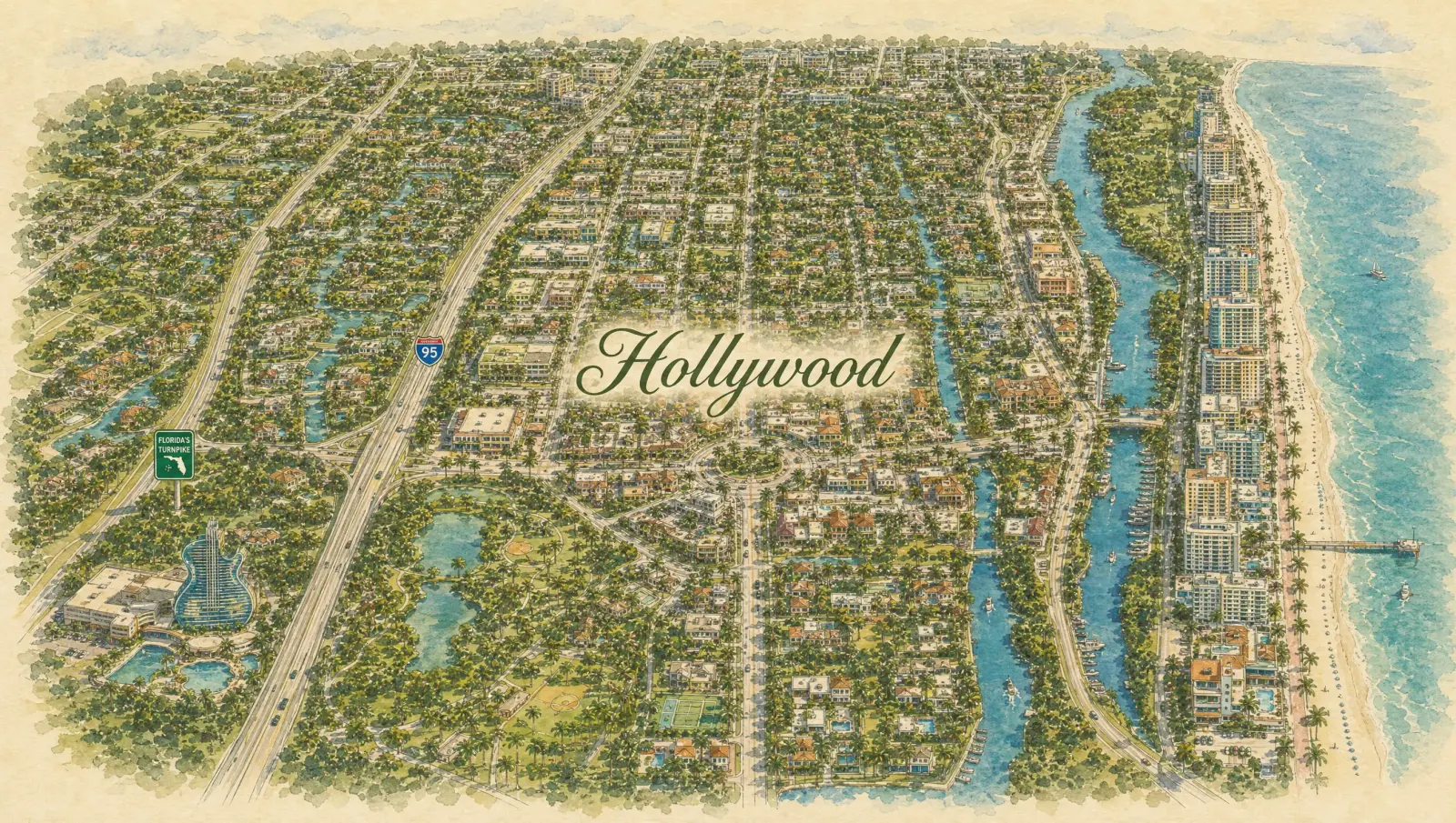 Hand-drawn watercolor map of Hollywood showing streets, landmarks, and Istueta service area in Miami, FL