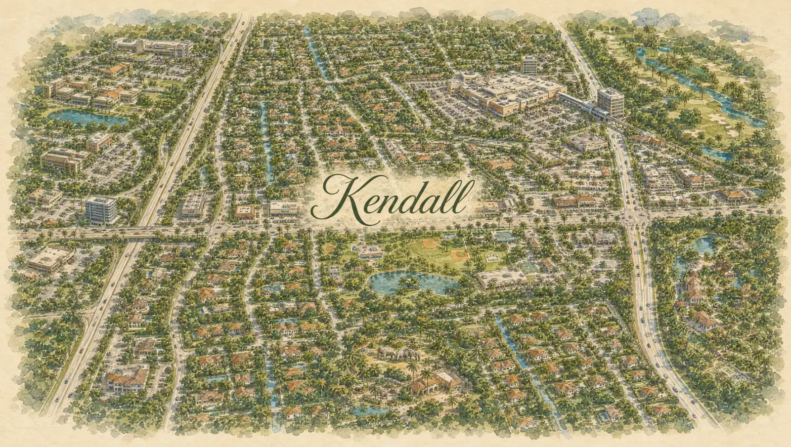Hand-drawn watercolor map of Kendall showing streets, landmarks, and Istueta service area in Miami, FL
