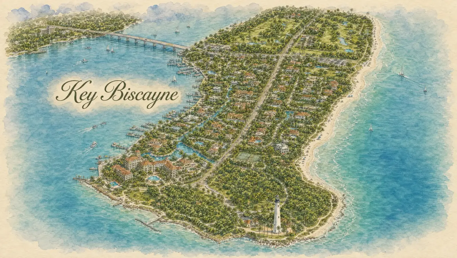 Hand-drawn watercolor map of Key Biscayne showing streets, landmarks, and Istueta service area in Miami, FL