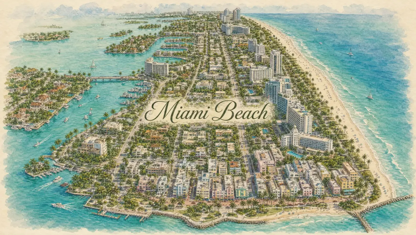 Hand-drawn watercolor map of Miami Beach showing streets, landmarks, and Istueta service area in Miami, FL