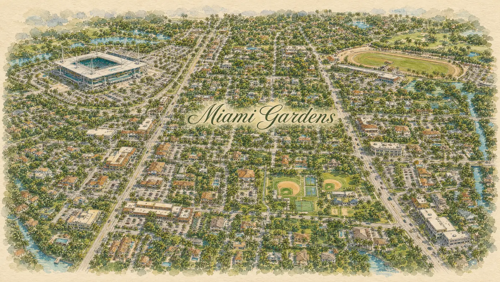 Hand-drawn watercolor map of Miami Gardens showing streets, landmarks, and Istueta service area in Miami, FL