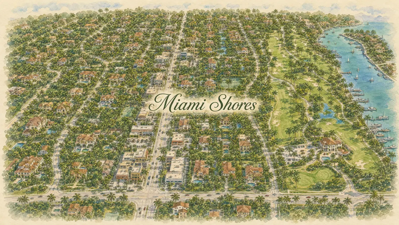 Hand-drawn watercolor map of Miami Shores showing streets, landmarks, and Istueta service area in Miami, FL
