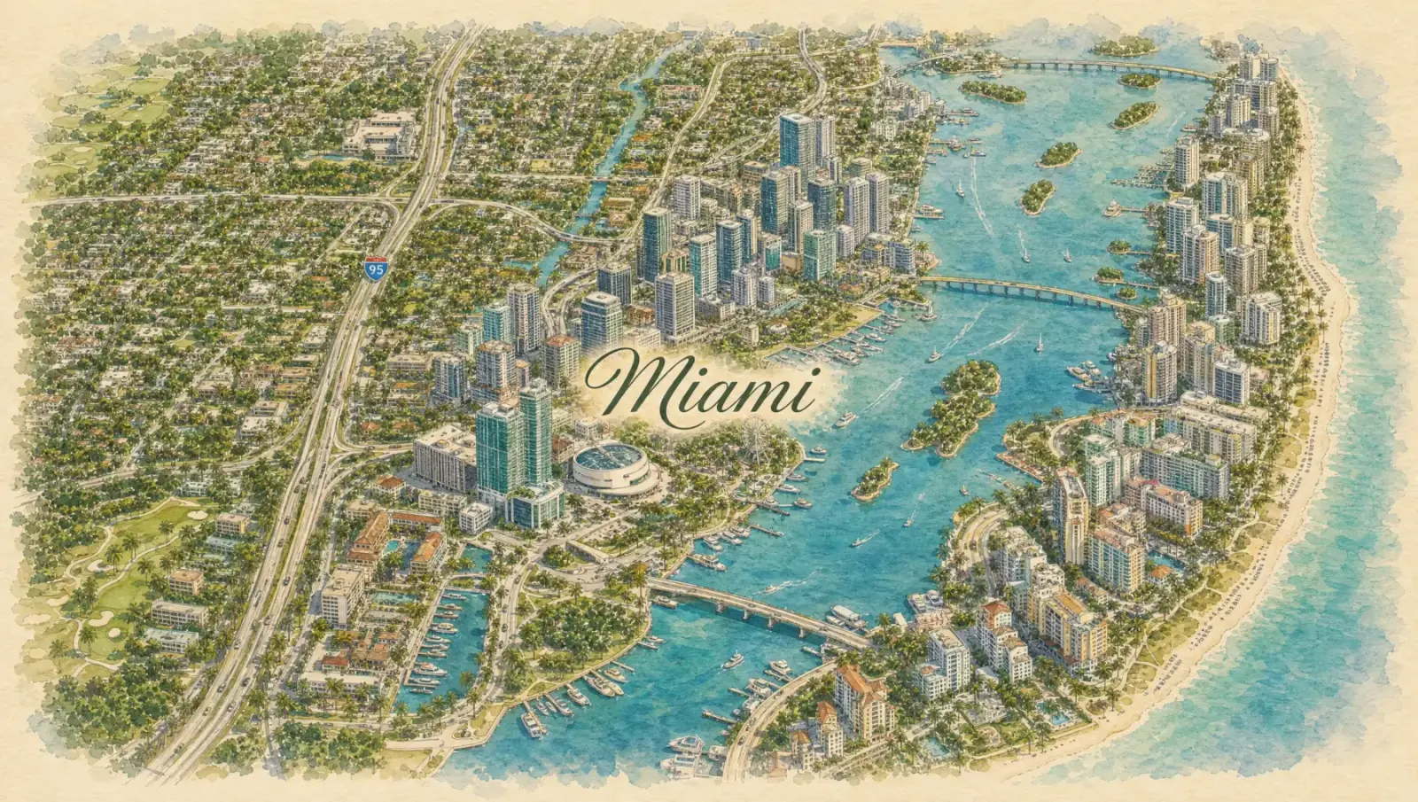 Hand-drawn watercolor map of Miami showing streets, landmarks, and Istueta service area in Miami, FL