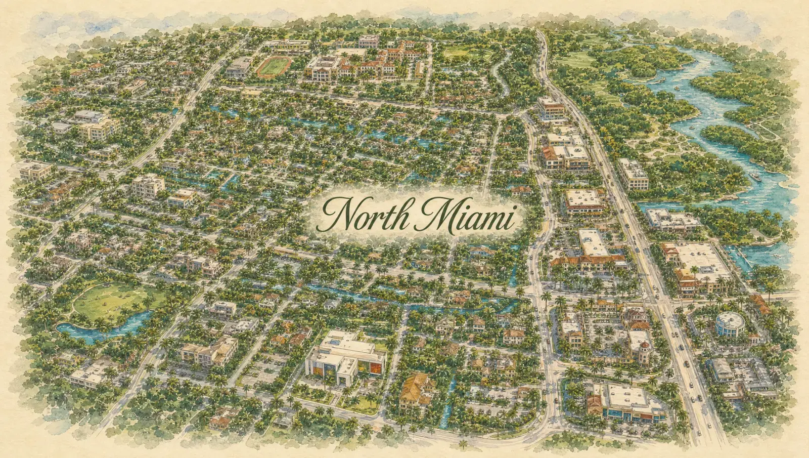 Hand-drawn watercolor map of North Miami showing streets, landmarks, and Istueta service area in Miami, FL