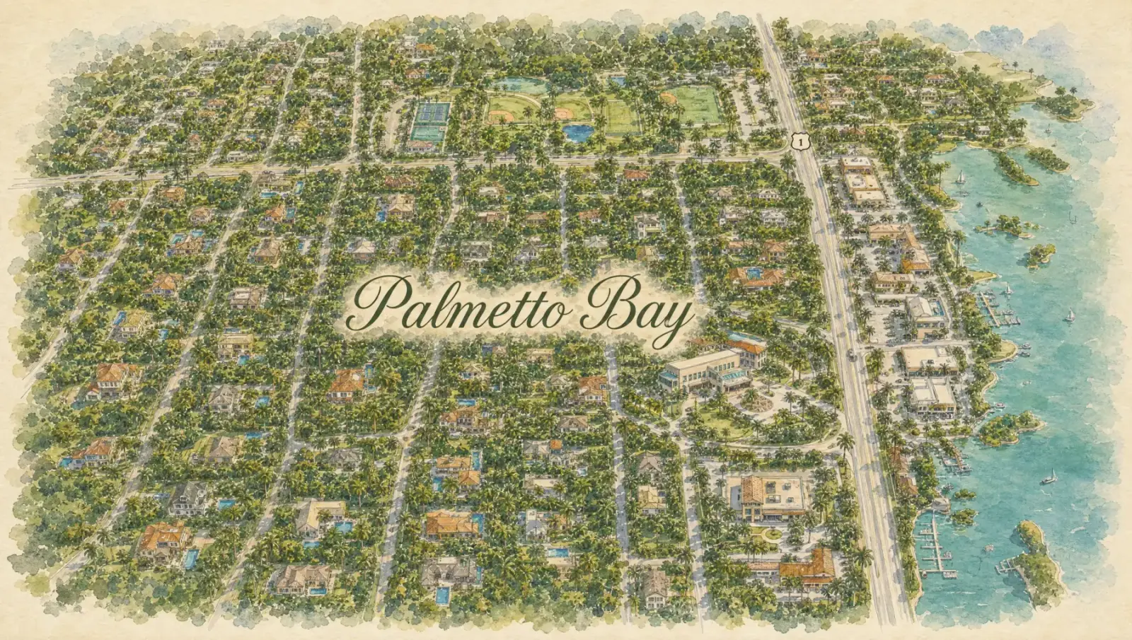 Hand-drawn watercolor map of Palmetto Bay showing streets, landmarks, and Istueta service area in Miami, FL