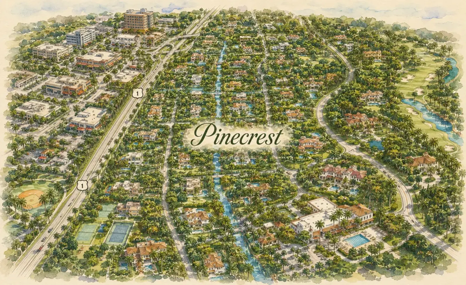 Hand-drawn watercolor map of Pinecrest showing streets, landmarks, and Istueta service area in Miami, FL