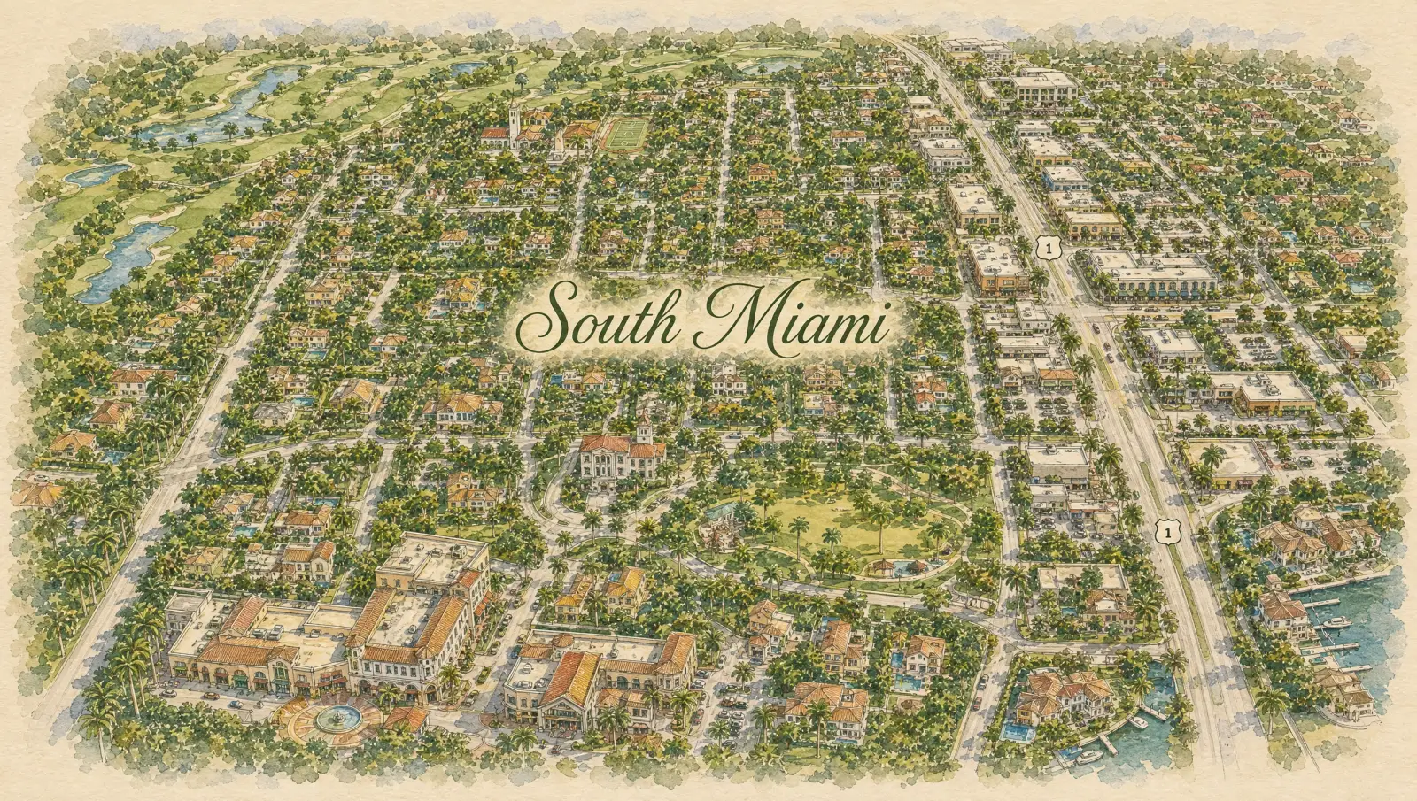 Hand-drawn watercolor map of South Miami showing streets, landmarks, and Istueta service area in Miami, FL