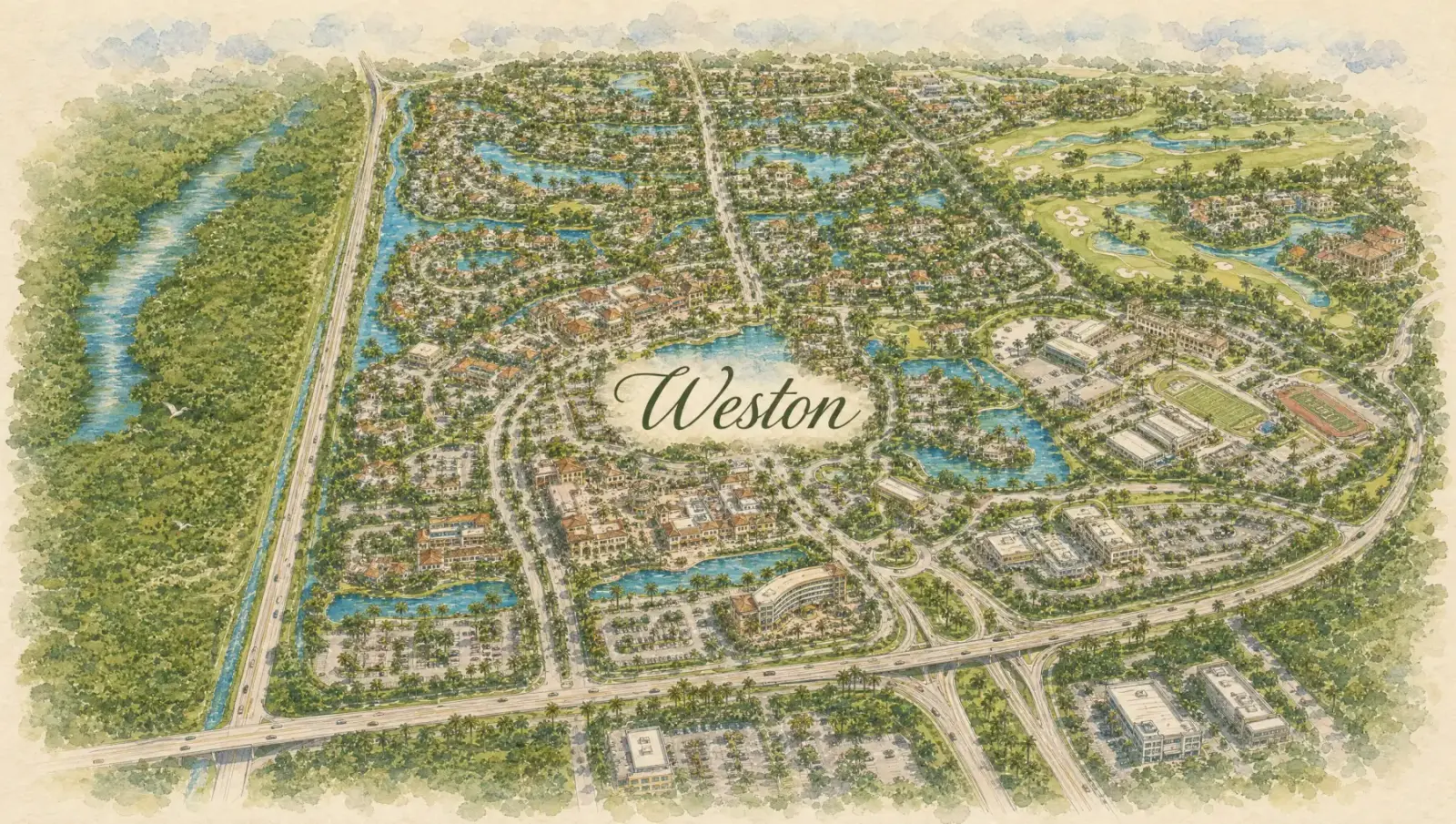 Hand-drawn watercolor map of Weston showing streets, landmarks, and Istueta service area in Miami, FL