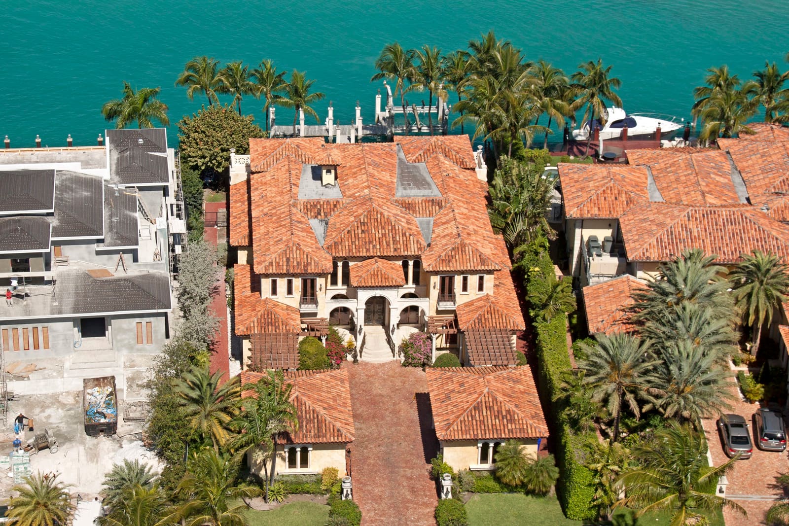 Hand-laid clay tile roof on a Miami Beach island estate