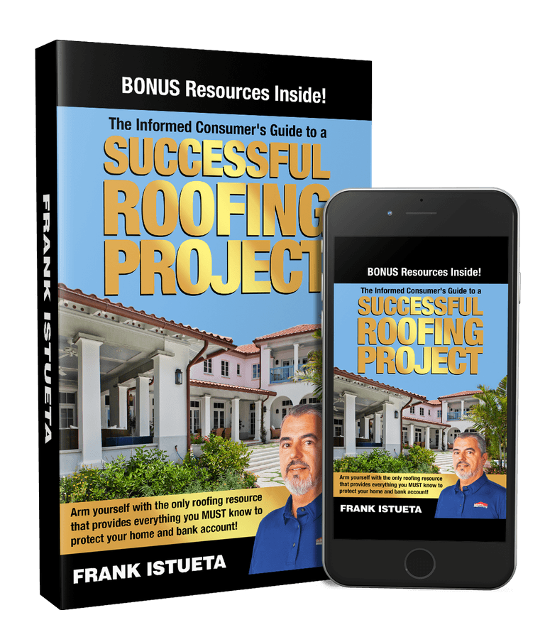 3D mockup of The Informed Consumer's Guide to a Successful Roofing Project by Frank Istueta, shown as a hardcover book and phone edition.
