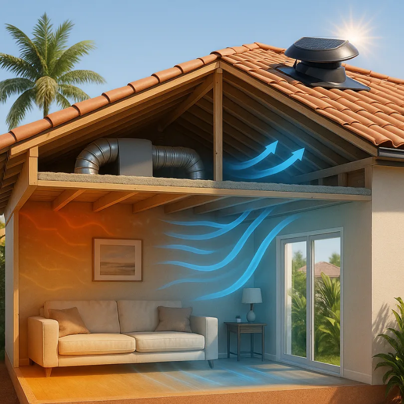 The same Miami tile-roof home with a solar attic fan installed on the roof: the attic is vented, the ductwork is clean, and cool air moves down through the living room.