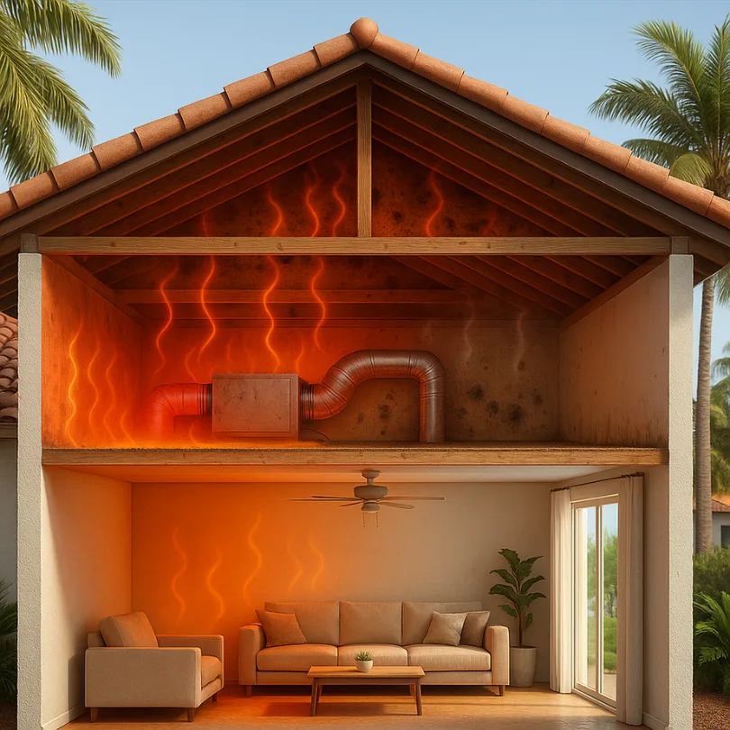 Cutaway of a Miami tile-roof home with no attic fan: the attic is orange with trapped heat and mold spots, the ductwork runs hot, and heat waves spread through the living room below.