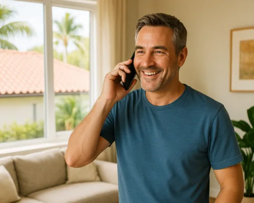 A Miami homeowner on the phone scheduling an attic fan consultation.