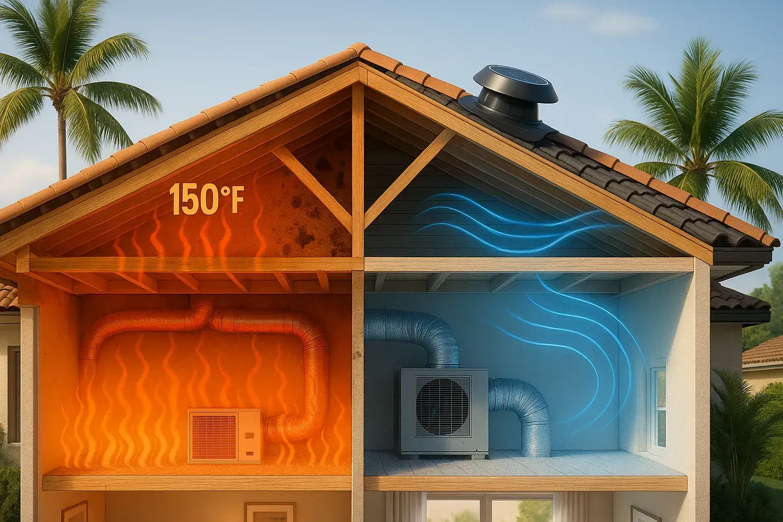 Cutaway of a Miami tile-roof home: on one side a 150 degree attic with mold and strained air conditioning ducts, on the other a cooler attic vented by a solar attic fan on the roof.
