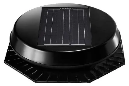 A low-profile black solar attic fan with an integrated solar panel on top.