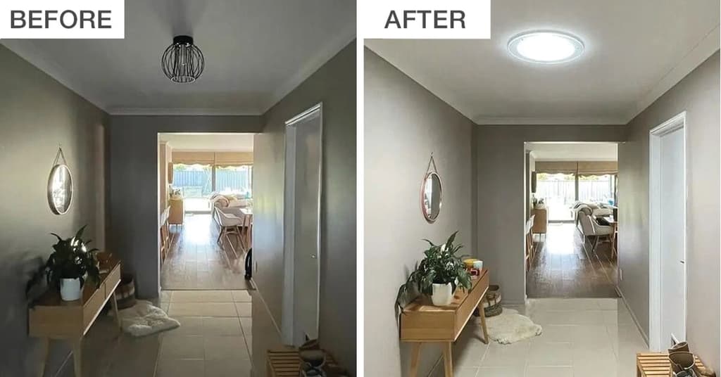 Before-and-after of an interior hallway, dim under a single pendant light on the left and filled with daylight from a Solatube ceiling diffuser on the right