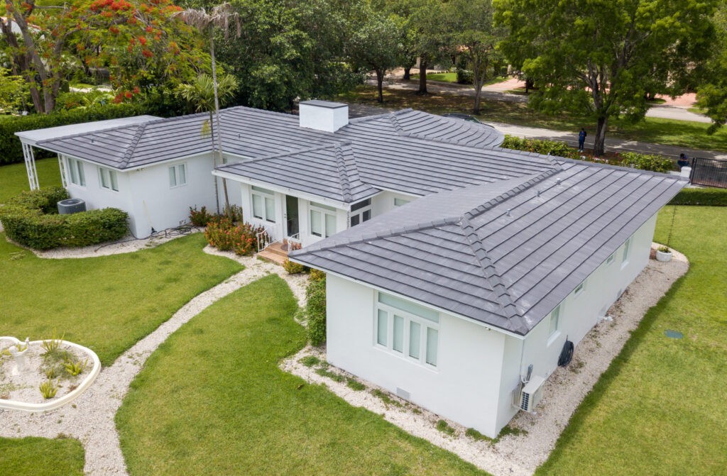 Gorgeous new gray tile roof on one-level home